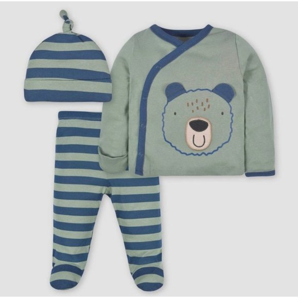 Gerber Baby Boys' 3pc Bear Top and Bottom Set - Navy Blue/Forest Green 3-6M - Picture 1 of 4